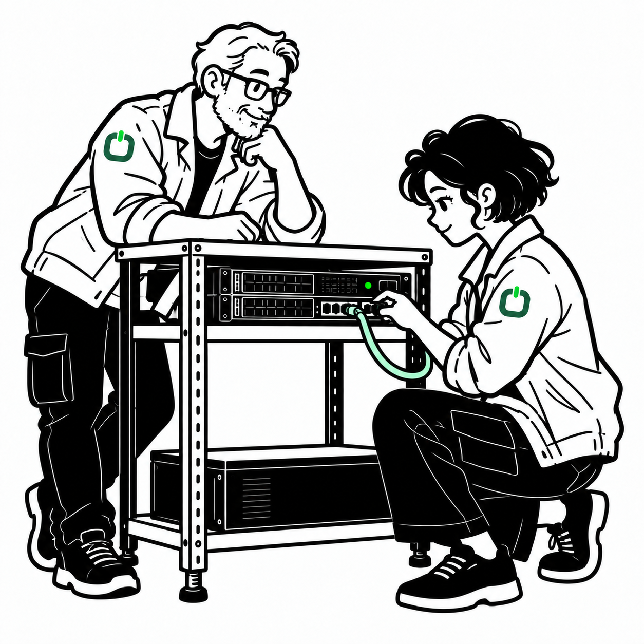 Illustration of servers & data-center hands field work